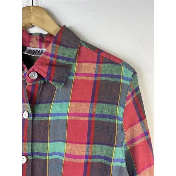 Chico's Women's 1 medium Button Down Long Sleeve Plaid 100% Linen Shirt - Picture 3 of 9